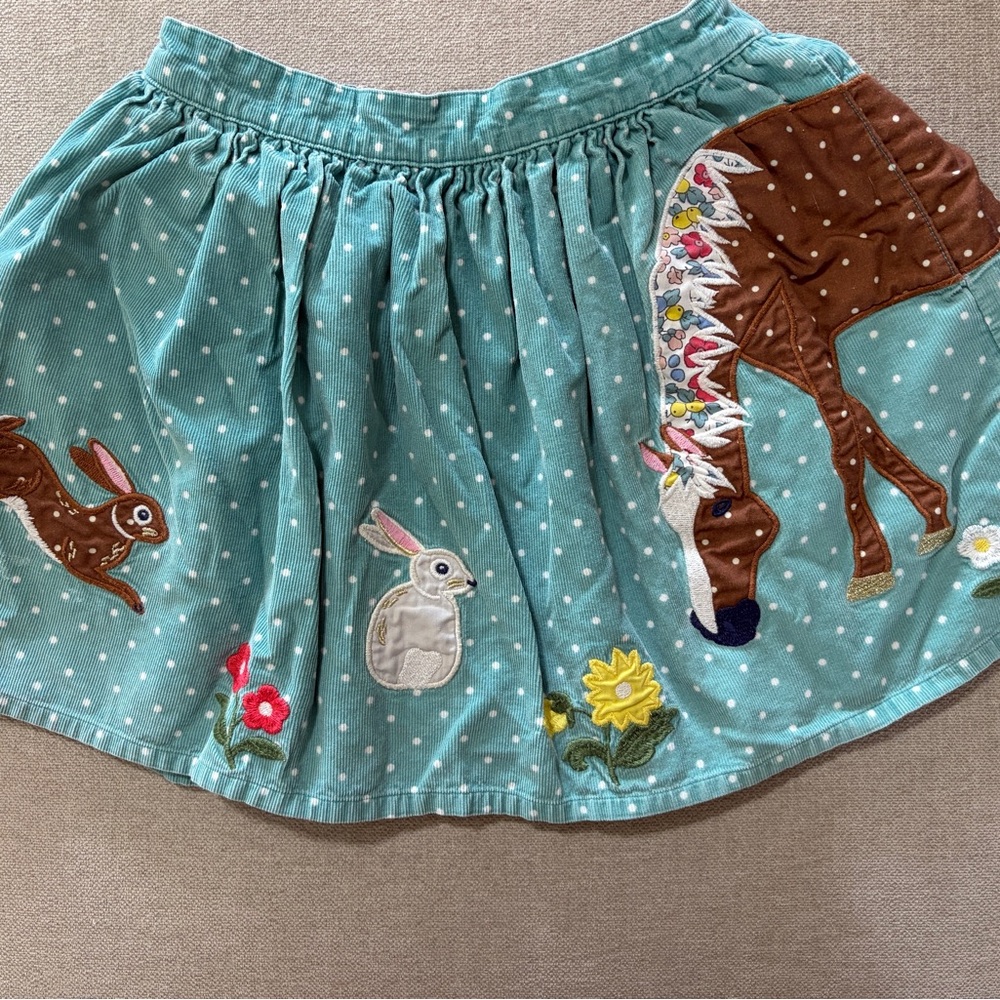 Mini Boden Teal Polka Dot Corduroy Skirt with Animal Appliques